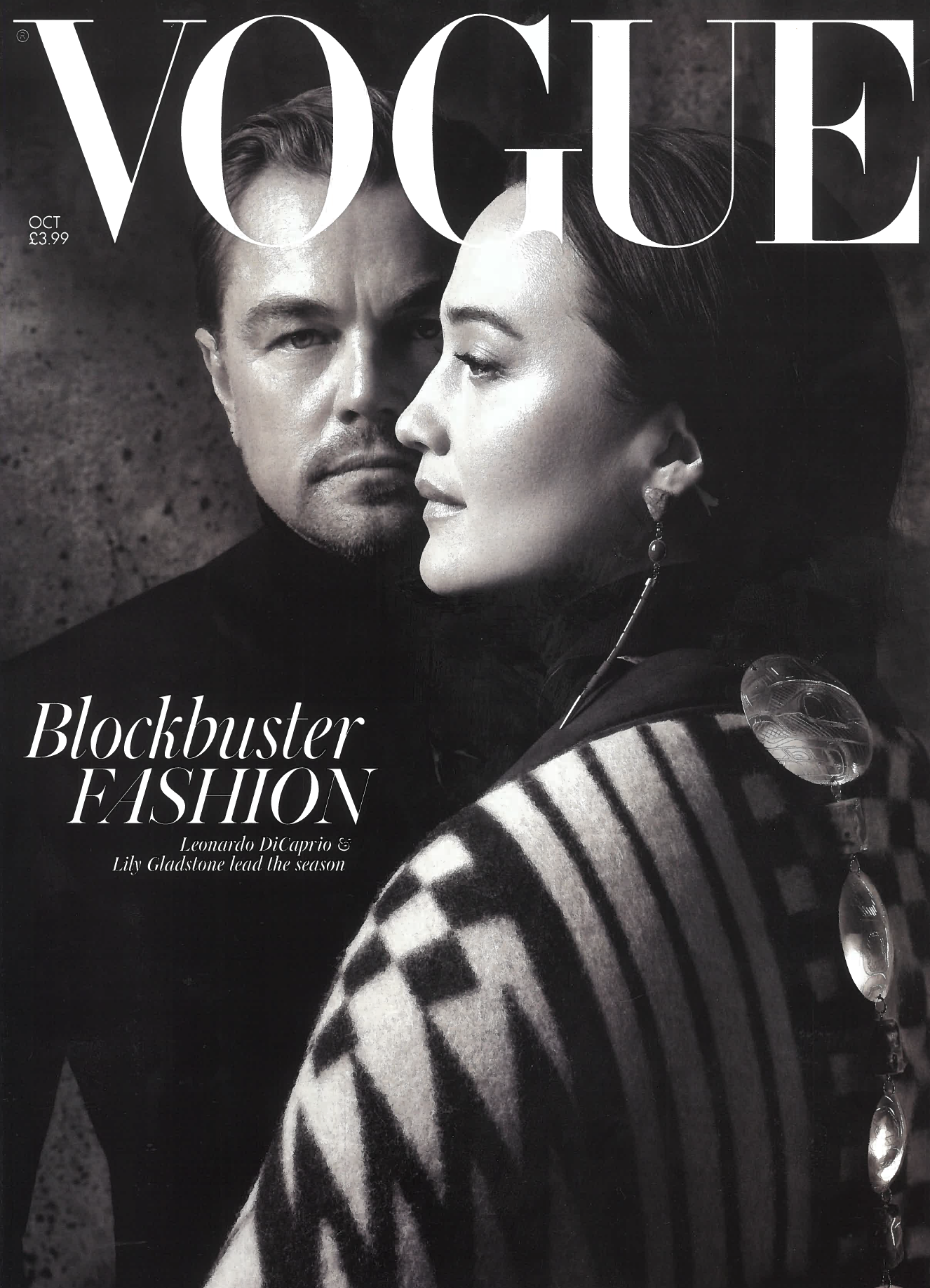 cover of British vogue magazine with Leonardo DiCaprio and actress in black and white photo image