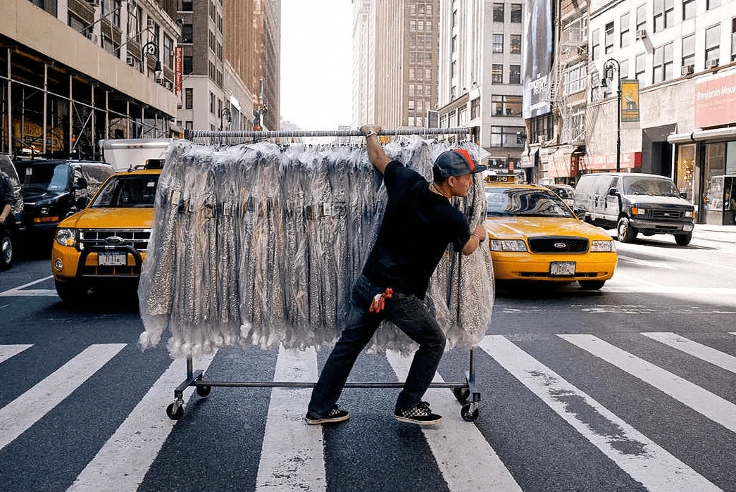 A boy in Garment district NYC moving a rack of Clothes to other side